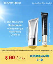 Load image into Gallery viewer, Legend Age Whitening Sunscreen is a 3 in 1 product: (high SPF 50+, PA+++ ) double protection sunblock, brighten and nourish skin, plus Radian Primer Emulsion
