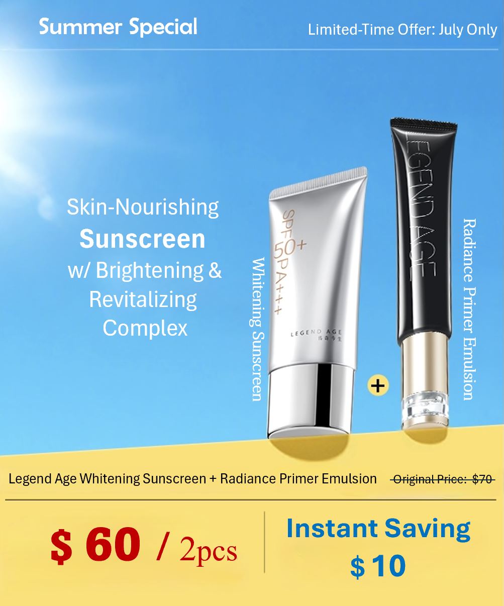 Legend Age Whitening Sunscreen is a 3 in 1 product: (high SPF 50+, PA+++ ) double protection sunblock, brighten and nourish skin, plus Radian Primer Emulsion
