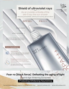 Legend Age Whitening Sunscreen is 3 In 1: Sunblock / Brightening / Multi-Essence Nourishing SPF 50+ PA+++.  High efficient sunscreen, safe to use for all skin types